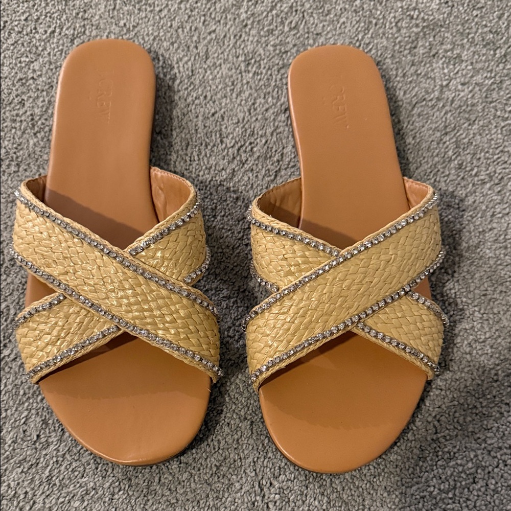 J. Crew Raffia Sandals with Rhinestone Accents